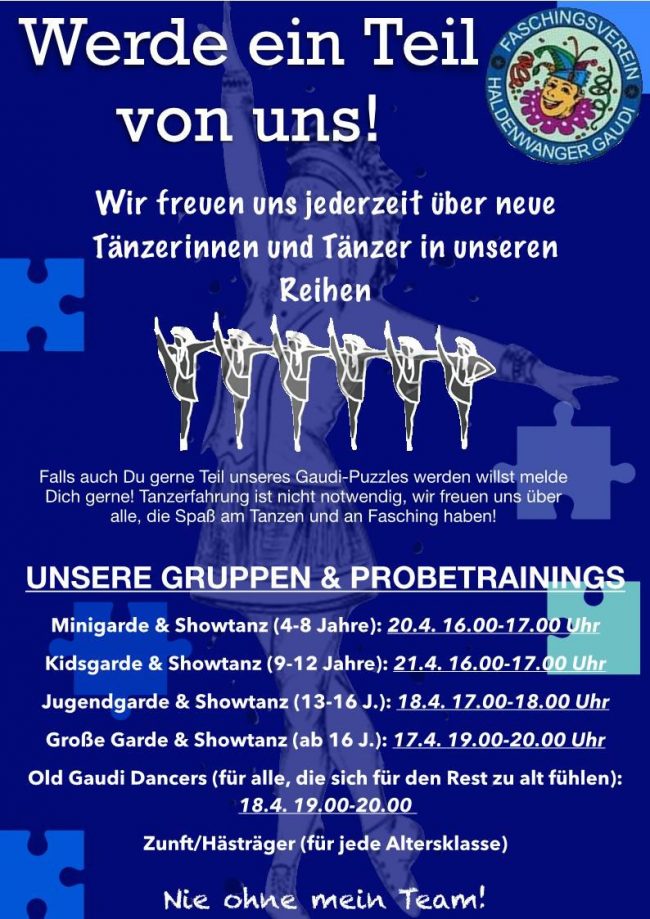 Probetraining für alle Gruppen Minis am 20.4., Kids am 21.4., Jugend am 18.4., Große am 17.4., OGD am 18.4.