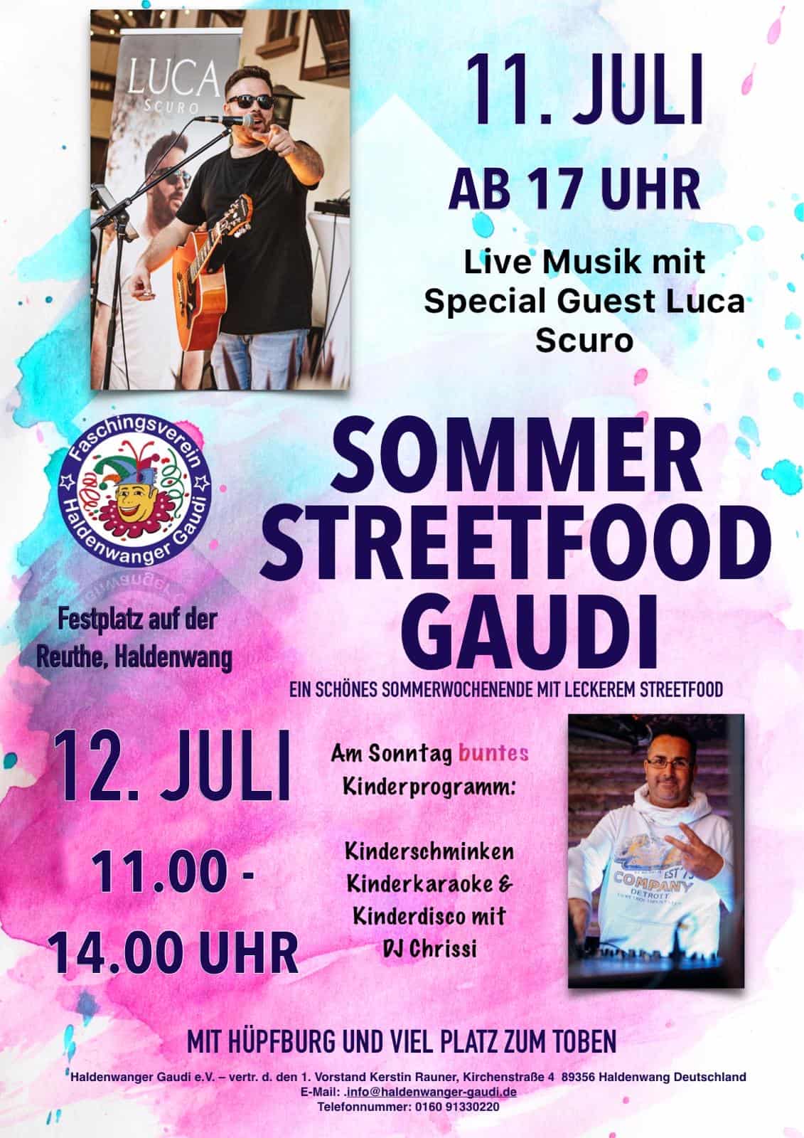 11. Juli Sommer Streetfood Gaudi in Haldenwang, Musik mit Luca scuro